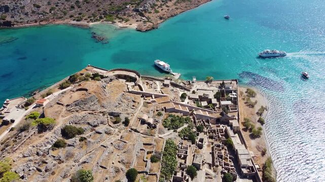 Spinalonga. Crete. Flight Over and Horizon. Venetian Fortress. Holidays Greece