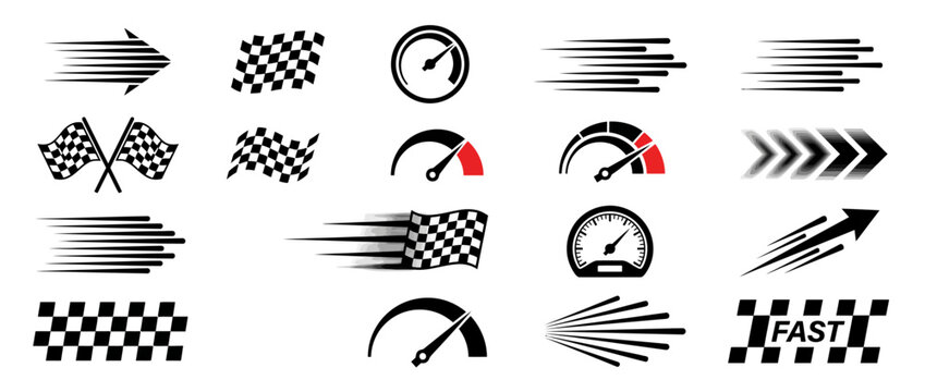 Collection of dynamic racing elements including checkered flags, speedometers, and motion indicators in various styles to convey speed and movement in a visually engaging manner for design projects.