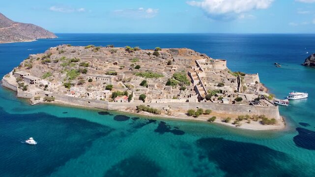 Spinalonga. Crete. Traveling In. Amazing Venetian Fortress. Greece. Aerial Shot