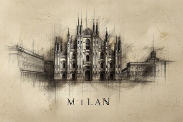 Fototapeta premium Artistic sketch showcases Milan iconic architecture, historic classical buildings. Grunge, rustic vintage, background adds a traditional, timeless touch to the illustration.