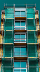 Modern building facade under construction with extensive scaffolding and green safety netting, featuring multiple sleek windows reflecting clear teal sky, symbolizing urban development and ongoing wor