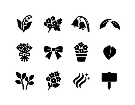 May Flower Icons. May birth flowers. Solid icon set of May birth flowers: lily of the valley, hawthorn, bell bloom, leaf arc, bouquet tie, ribbon icon, potted