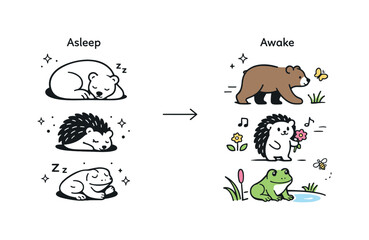 Spring Awakening Icons. Early spring wildlife icons. A minimal comparison layout showing winter-sleepy animals transitioning into active spring wildlife,