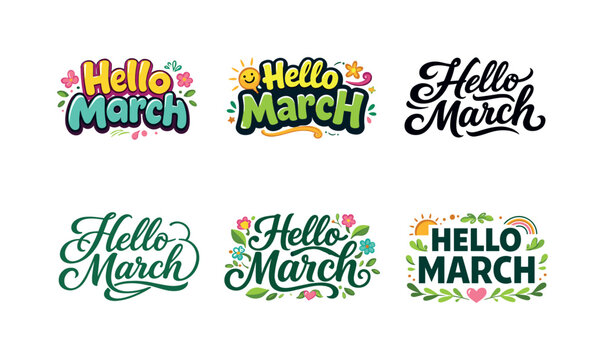 Creative March Lettering. Hello March lettering. Set lettering. harmonious lettering variations of the same emblematic concept, each with different artistic