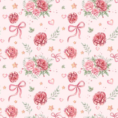 Seamless watercolor pattern with pink roses, bows, hearts, leaves and stars. Romantic pastel floral background perfect for Valentine&rsquo;s Day, wedding stationery, gift wrap, textiles, and feminine design