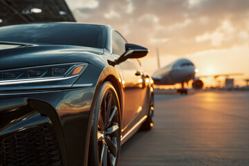 Obraz premium Sleek black luxury car parked near airport runway with commercial airplane preparing for takeoff during golden sunset sky and warm natural lighting