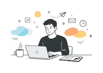 Calm Remote Workspace. Remote work. A professional working calmly on a laptop at home, sitting at a clean desk with coffee and notes. Focused independent work