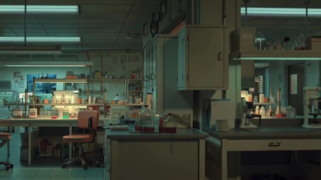 Empty Laboratory Room with Computer Equipment and Workbenches in Dim Lighting