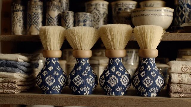 Sharp focus on batik dyeing brushes and fabric pattern softfocus dye containers and draped textiles create an artistic atmosphere in a craft room.