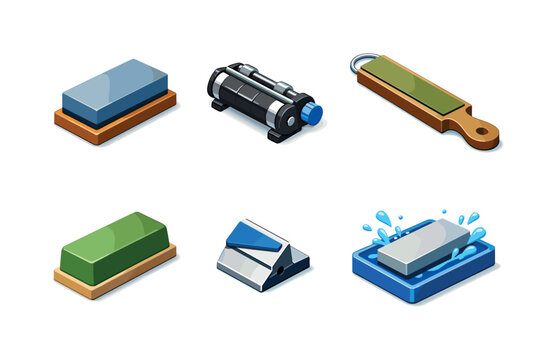 Sharpening Tools Icons. Sharpening. Isometric flat vector icons set of Sharpening: whetstone block, sharpening guide jig, honing strop strap, polishing