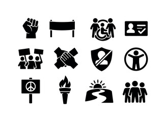 Civil Rights Symbols. Civil rights movements. Solid icon set of Civil rights movements: equality fist, rights banner, inclusive circle, vote-rights card,