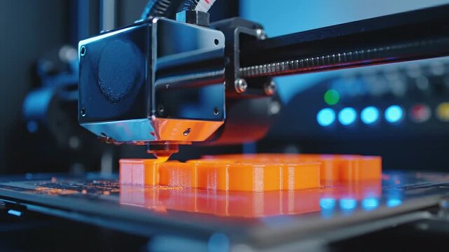 Close up shot reveals an orange plastic prototype object actively being created layer by layer by a sophisticated modern 3d printer extruder head