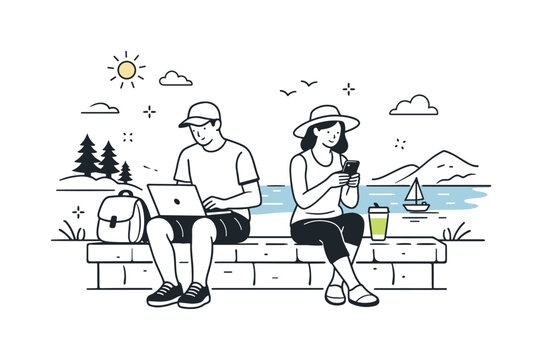 Digital Nomads' Serenity. Working while exploring. A calm moment of digital nomads seated on a bench or ledge, scenic background and subtle device use. Scene