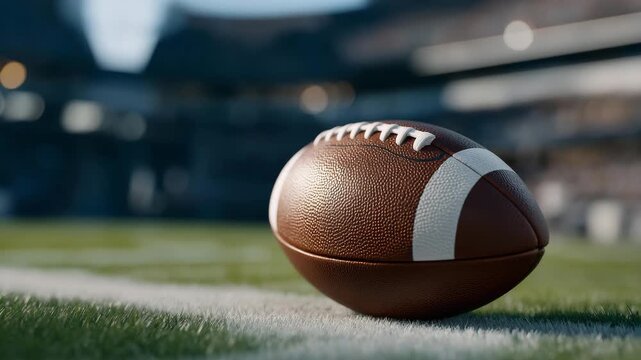 A professional football setting shows an American Football ball ready for kickoff, emphasizing game start, excitement, and athletic tradition. cinematic color correction, natural uneven lighting