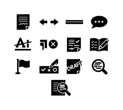 Manuscript Annotation Icons. Manuscript annotation. Solid icon set of Manuscript annotation: handwritten note, margin arrows, highlight strip, comment icon,