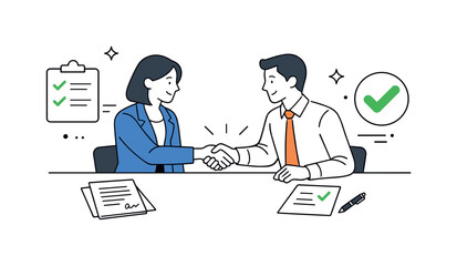 Successful Business Negotiation. Business meeting negotiation. Two professionals reaching agreement across the table, documents and checkmarks visible nearby.