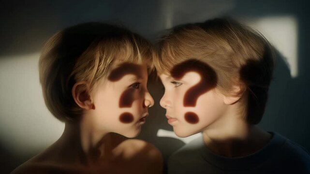 A child&rsquo;s silhouette double-exposed with floating question marks transforming into lightbulbs, symbolizing curiosity, learning, and creative discovery. cinematic color correction, natural uneven