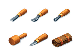 Wood Carving Tools. Wood Carving Tools. Isometric flat vector icons set of Wood Carving Tools: straight chisel, curved gouge chisel, V-parting tool, wooden
