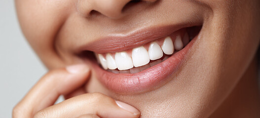 Obraz premium Close-up of a smiling young woman showcasing healthy, white teeth and soft lips.