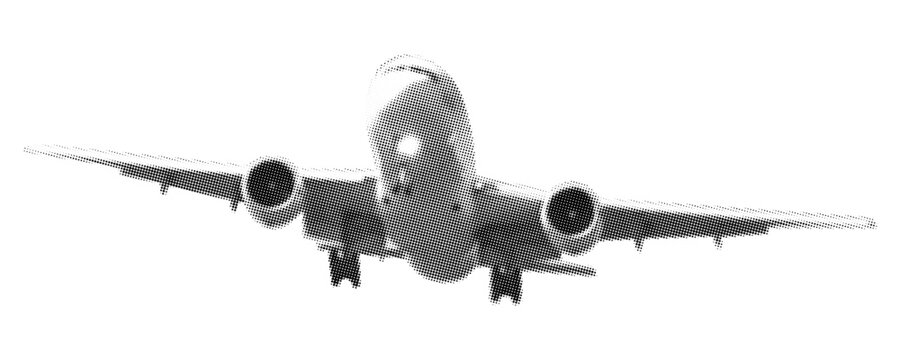 Halftone Airplane with Landing Gear in Flight Isolated on transparent background. Vector collage element for mixed media design, scrapbook  