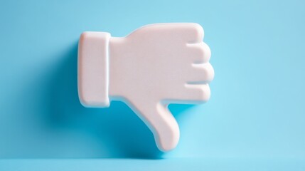 Fototapeta premium Hand sign shows thumbs down against a soft blue background with even texture and lighting in a clear visual display of disapproval