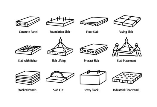 Construction Slab Icons. Construction Slabs. Line icon set of Construction Slabs: concrete panel, foundation slab, floor slab, paving slab, slab with rebar,