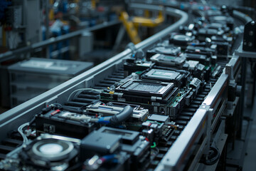 Fototapeta premium High-Detail Realistic Electronics Recycling Plant with Conveyor Belts and Computer Hardware