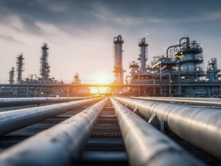Obraz premium Industrial refinery with metal pipelines extending towards the sunrise symbolizing energy production and modern infrastructure development at dusk