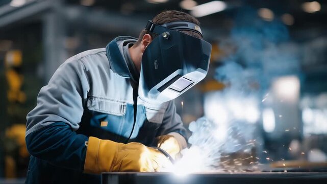 Industrial fabrication scene highlights professional welding work, where skilled technicians join metal components using heat, sparks, and precision to create strong, durable structures. cinematic