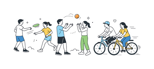 Friends Enjoying Park. Friends hanging out park activities. A relaxed scene showing friends playing frisbee, tossing a ball, or riding bikes together outdoors.