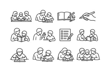Home Education Icons. Home Education Moment. Line icon set of Home Education Moment: family table scene, parent child interaction, homework spread, pencil