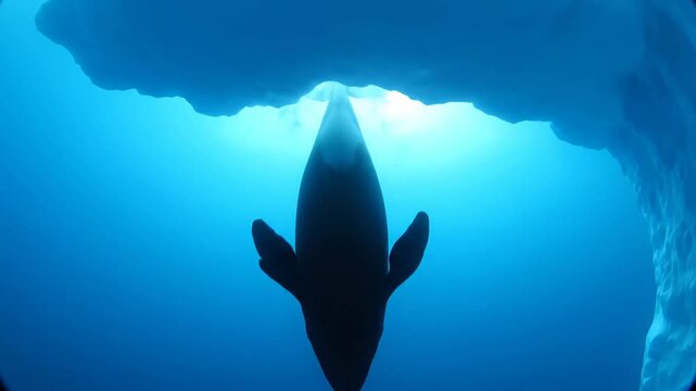 First person perspective view of a large marine creature silhouette swimming below antarctic ice in deep blue water mystery footage