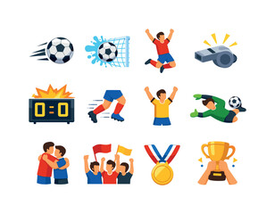 Fototapeta premium Game-Winning Icons. Game-winning moment. Colorful flat vector icons set of Game-winning moment: kicked ball, net splash, jumping player, final whistle,
