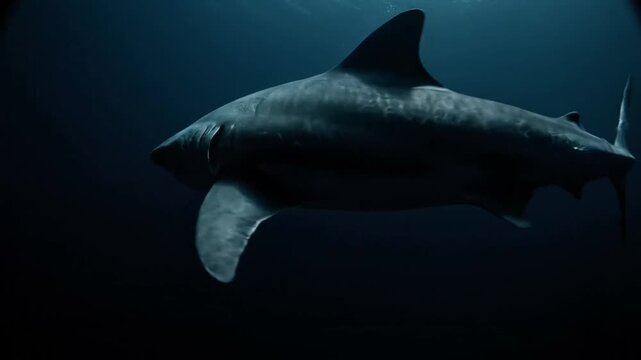 Terrifying massive shark creature encounter in deep dark ocean water pov perspective