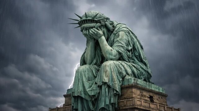 Dramatic cinematic zoom of the Statue of Liberty sitting in despair on a stormy day with lightning