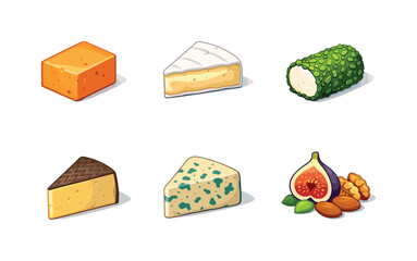 Gourmet Cheese Icons. Gourmet cheese. Isometric flat vector icons set of gourmet cheese: aged cheddar, creamy brie, herbed goat cheese, manchego slice,