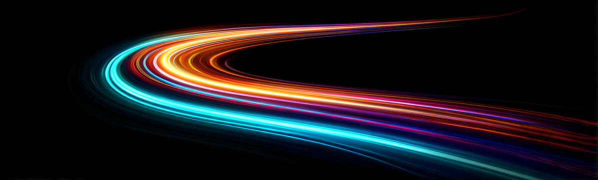 Neon curves sweep across the frame with rapid motion blur. The artwork visualizes cyber speed and data flow. Bright trails glow dynamically.
