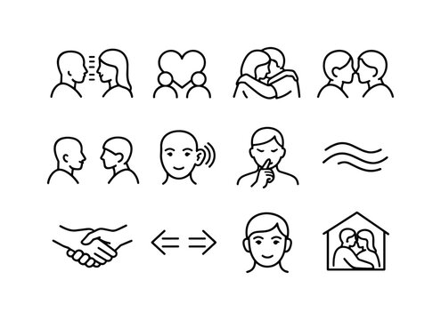 Intimate Icon Set. Intimate Dialogue. Line icon set of Intimate Dialogue: talking couple, shared heart icon, caring body language, close proximity figures,