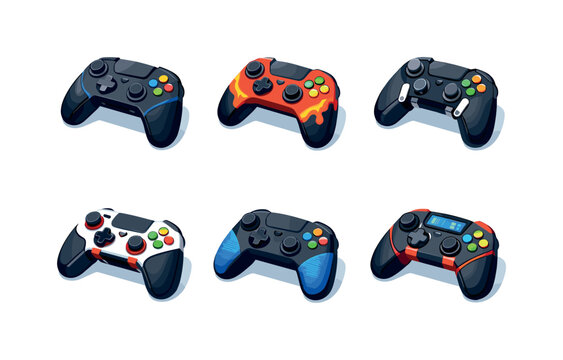 Esports Gaming Controllers. Esports. Isometric flat vector icons set of esports: pro gaming controller, customized controller, controller with paddles,