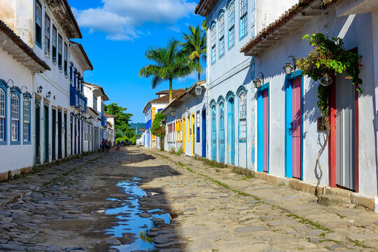 Cozy street of historical center in Paraty, Rio de Janeiro, Brazil. Paraty is a preserved Portuguese colonial and Brazilian Imperial municipality