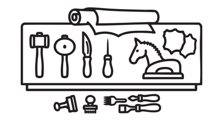 Fototapeta premium A collection of crafting tools and toys on a workbench, featuring a wooden horse figurine and various art supplies