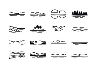 Lake Icon Set. Lake Landscape. Line icon set of Lake Landscape: wide lake view, distant hills, water horizon, cloud reflection, forest edge, rocky shoreline,