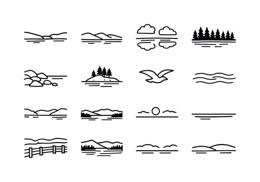 Lake Icon Set. Lake Landscape. Line icon set of Lake Landscape: wide lake view, distant hills, water horizon, cloud reflection, forest edge, rocky shoreline,