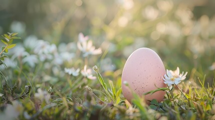 Pastel pink egg placed among wild spring flowers and green grass, gentle morning light and dreamy bokeh conveying freshness, simplicity, seasonal change, natural beauty,  peaceful outdoor composition