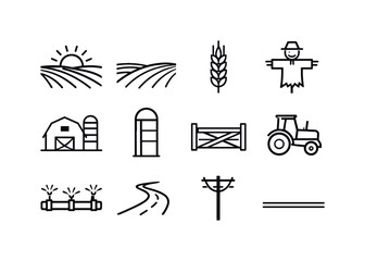 Fototapeta premium Rural Icon Set. Rural open land. Line icon set of Rural open land: farmland field, plowed soil lines, wheat stalk, scarecrow, barn silhouette, silo, fence