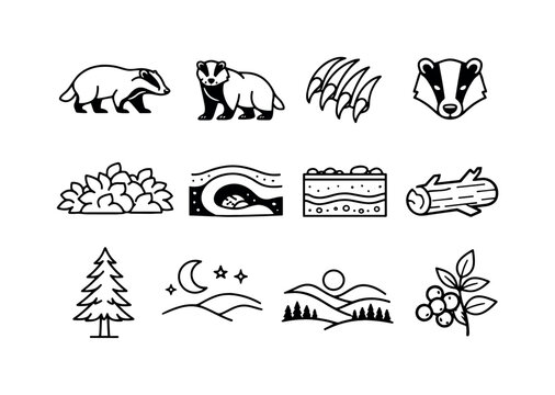 Outline Wild Badger Icons. Wild Badger. Line icon set of Wild Badger: badger walking, alert badger pose, claws, striped face, forest bushes, underground