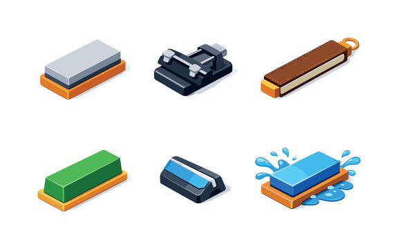 Sharpening Tools Icons. Sharpening. Isometric flat vector icons set of Sharpening: whetstone block, sharpening guide jig, honing strop strap, polishing