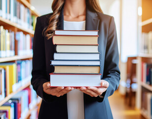 Woman holding stack of books library.