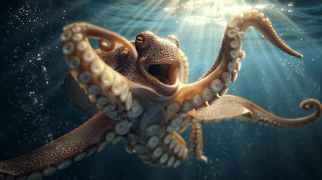 Majestic octopus swimming gracefully in sunlit ocean water