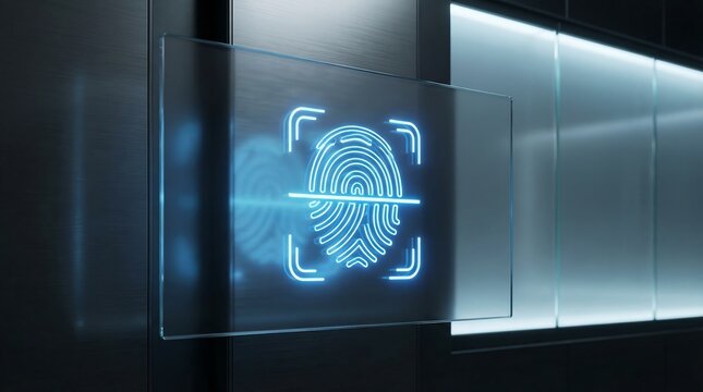 Futuristic biometric fingerprint scan on sleek glass panel in dark modern room